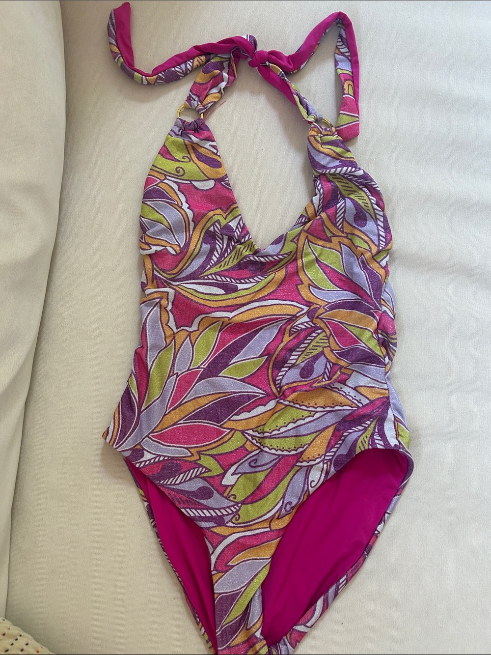 BECCA Glittery Fuchsia Multicolor Leaf-Print Halter One-Piece Swimsuit